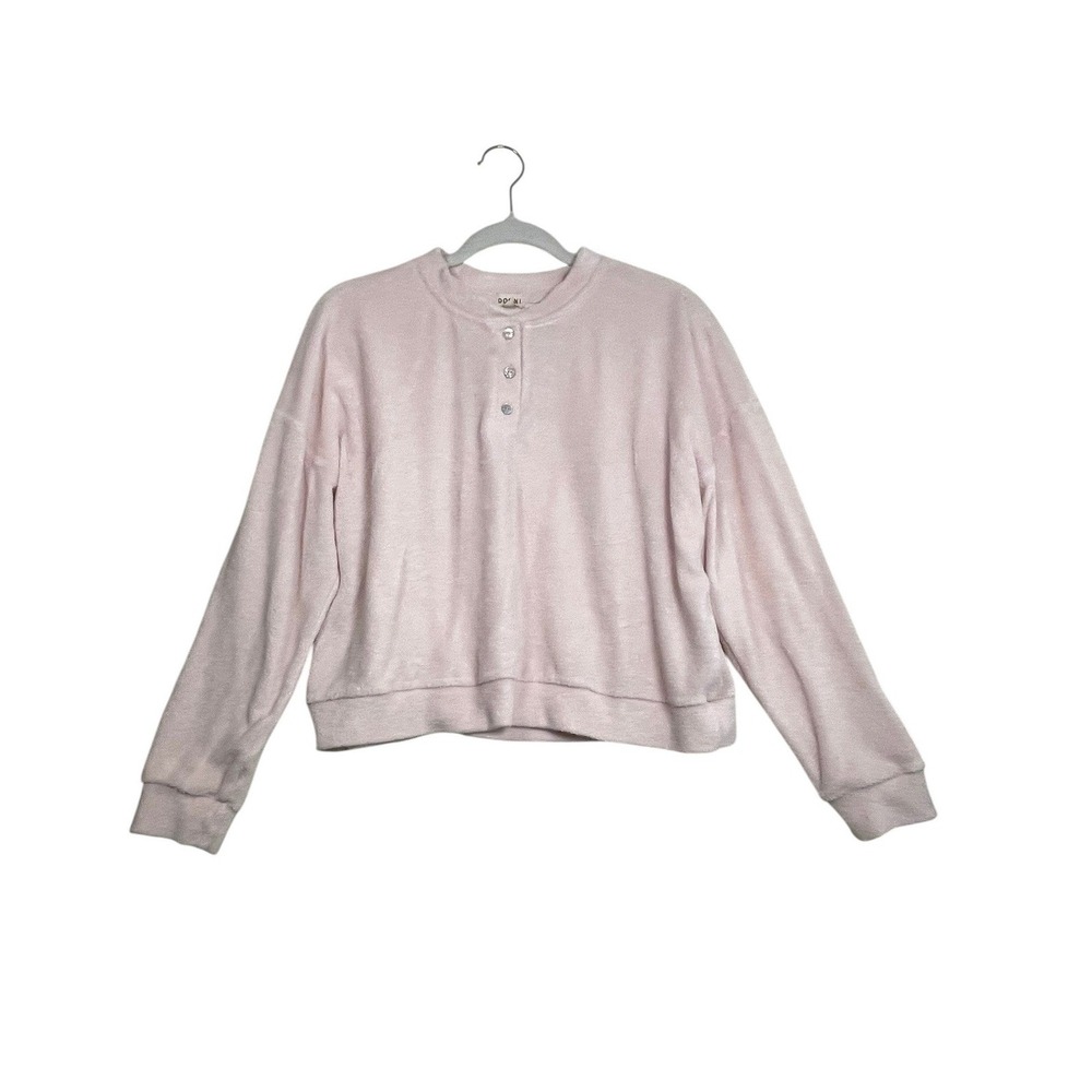 DONNI. Terry Henley Sweatshirt Size L Pink Mother of Pearl Buttons Made in USA